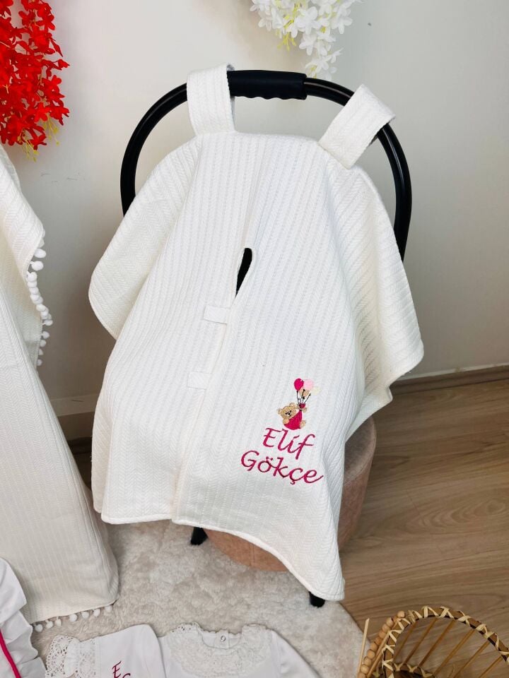 İsme Özel Desen Nakışlı Hastane Çıkış Seti Ve Puset Örtüsü