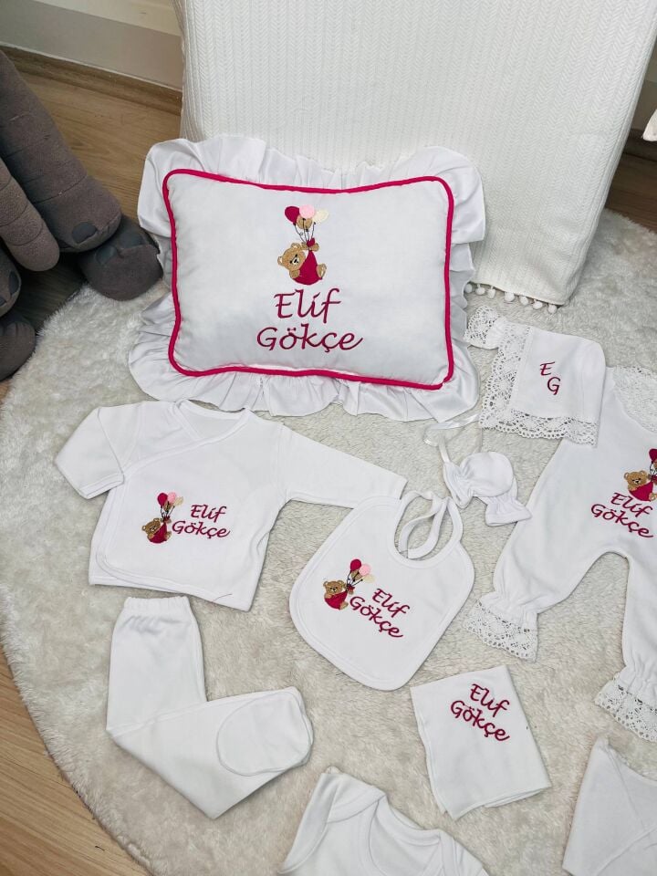 İsme Özel Desen Nakışlı Hastane Çıkış Seti Ve Puset Örtüsü