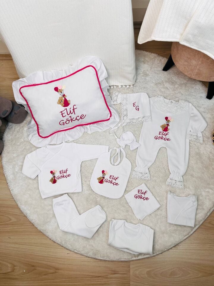 İsme Özel Desen Nakışlı Hastane Çıkış Seti Ve Puset Örtüsü