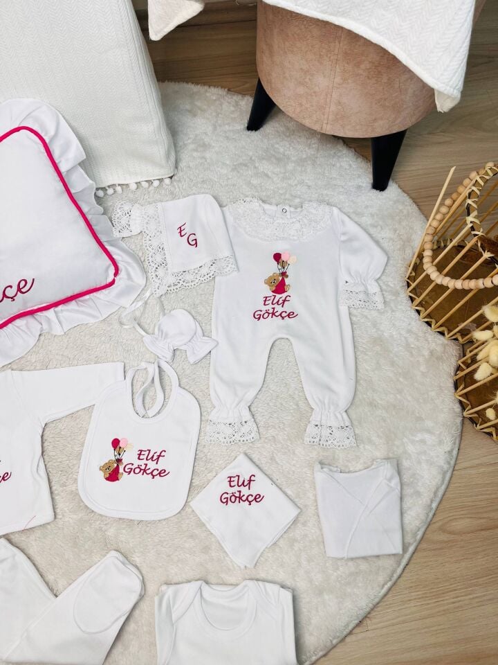 İsme Özel Desen Nakışlı Hastane Çıkış Seti Ve Puset Örtüsü