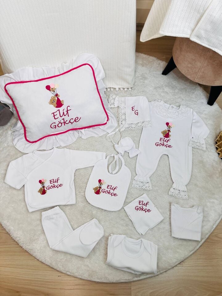 İsme Özel Desen Nakışlı Hastane Çıkış Seti Ve Puset Örtüsü