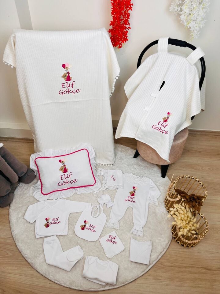 İsme Özel Desen Nakışlı Hastane Çıkış Seti Ve Puset Örtüsü