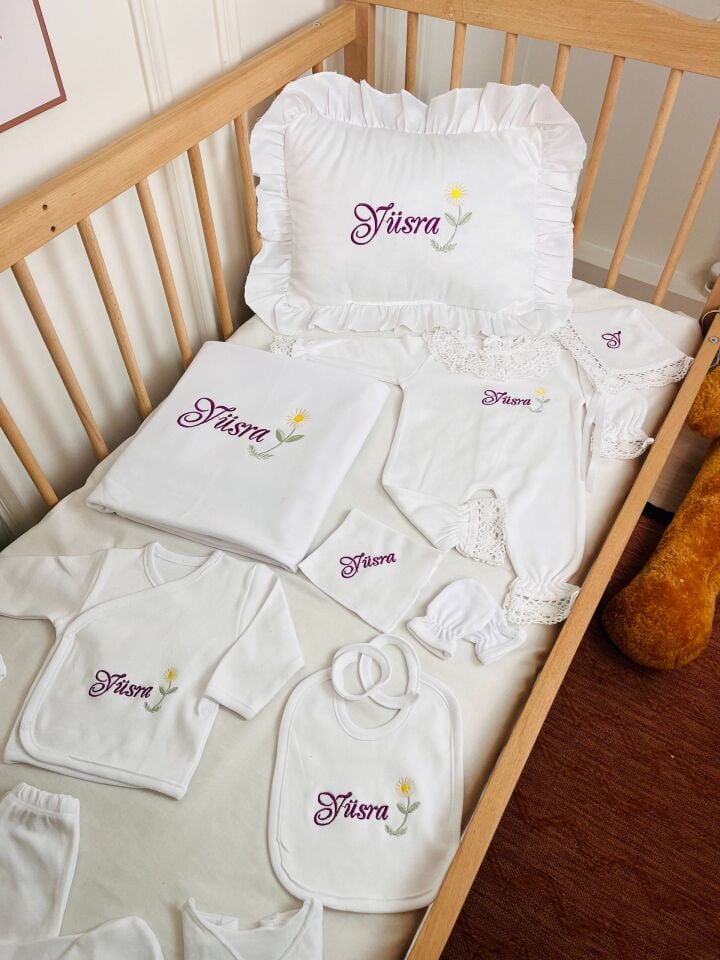 İsme Özel Desen Nakışlı Hastane Çıkış Seti