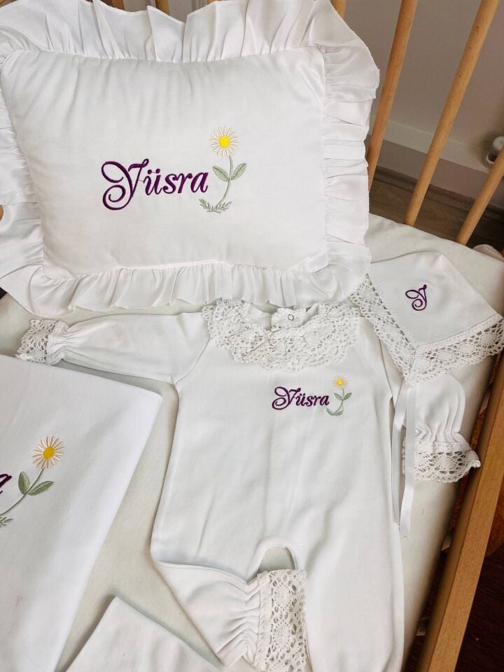 İsme Özel Desen Nakışlı Hastane Çıkış Seti