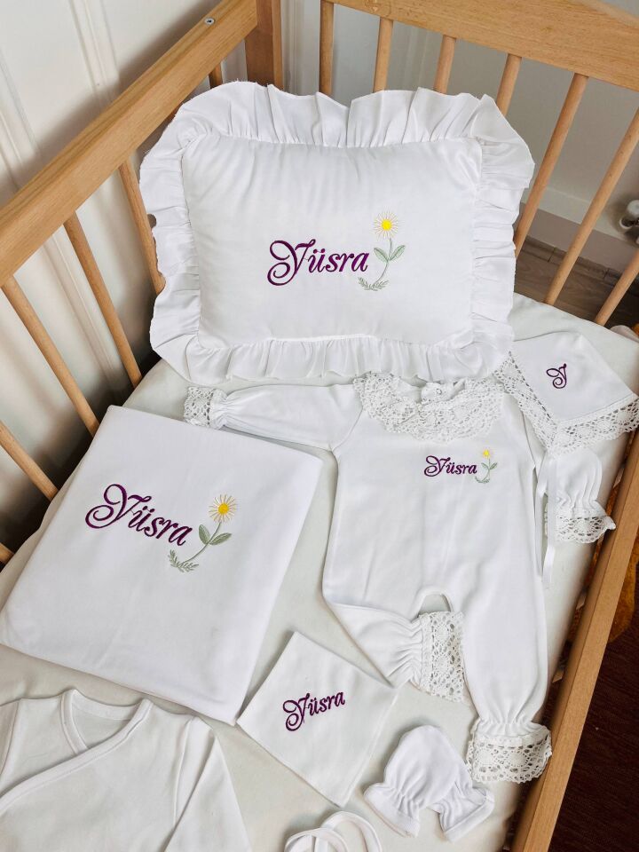 İsme Özel Desen Nakışlı Hastane Çıkış Seti