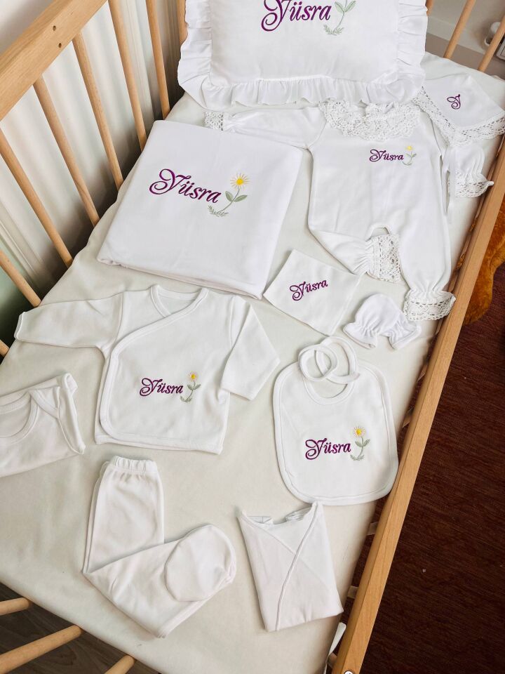 İsme Özel Desen Nakışlı Hastane Çıkış Seti