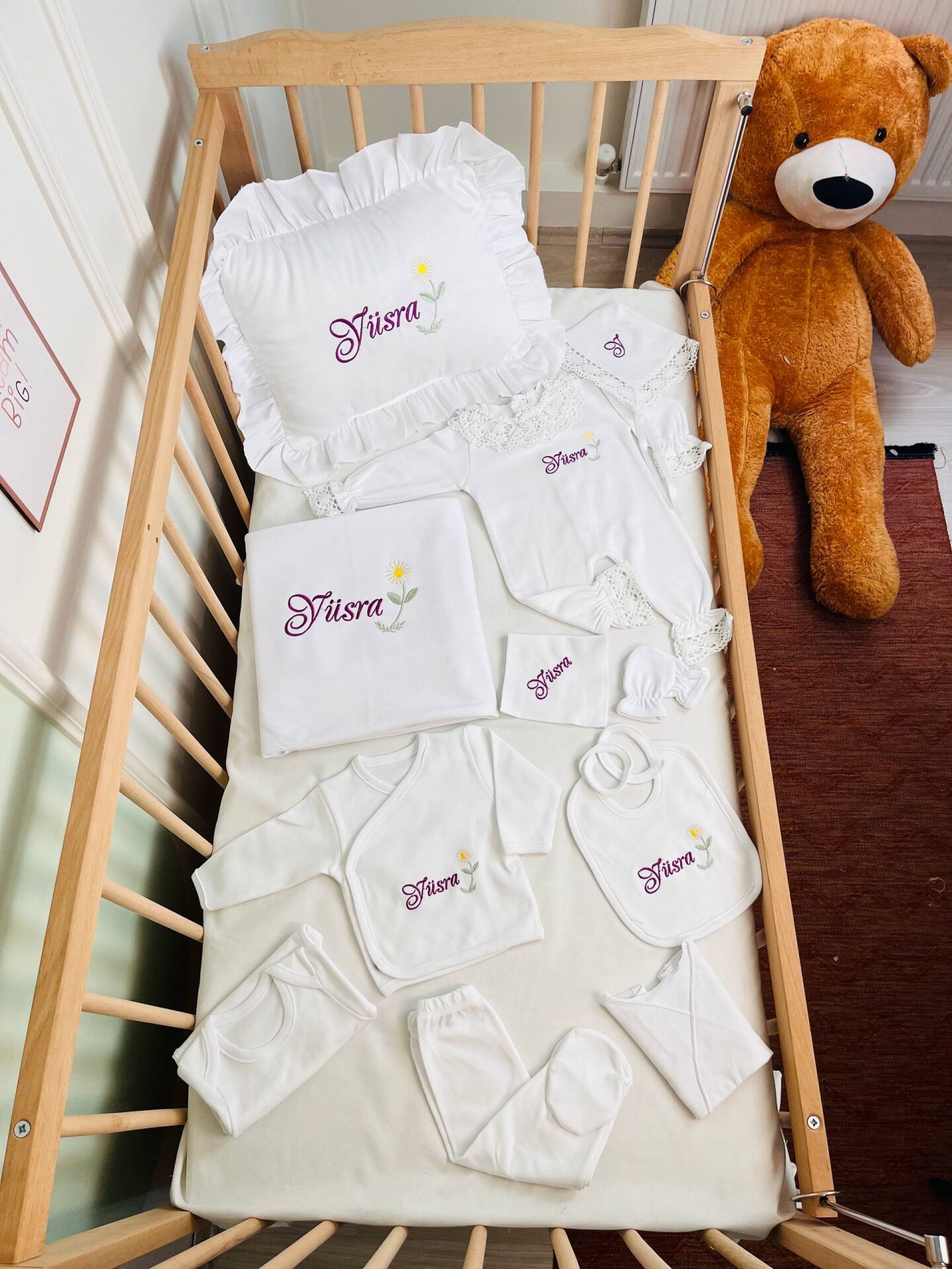 İsme Özel Desen Nakışlı Hastane Çıkış Seti