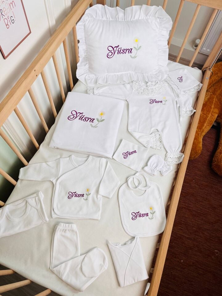 İsme Özel Desen Nakışlı Hastane Çıkış Seti