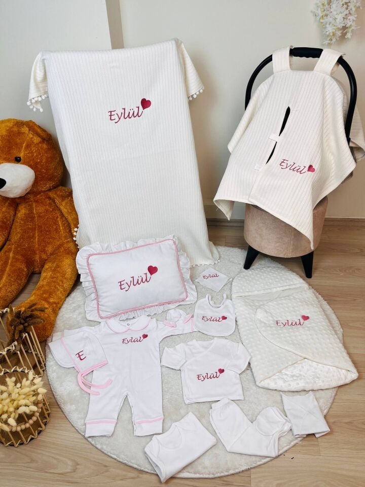 İsme Özel Desen Nakışlı Hastane Çıkış Seti Ve Puset Örtüsü
