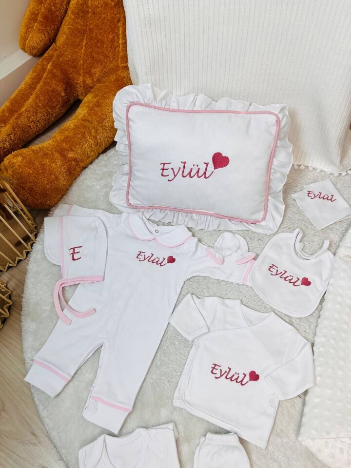 İsme Özel Desen Nakışlı Hastane Çıkış Seti Ve Puset Örtüsü