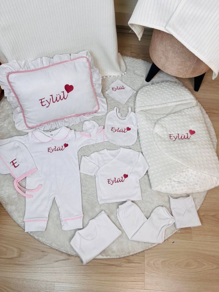 İsme Özel Desen Nakışlı Hastane Çıkış Seti Ve Puset Örtüsü