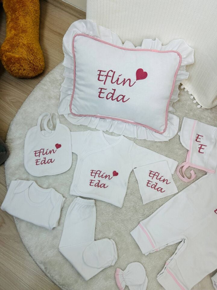 İsme Özel Desen Nakışlı Hastane Çıkış Seti Ve Puset Örtüsü