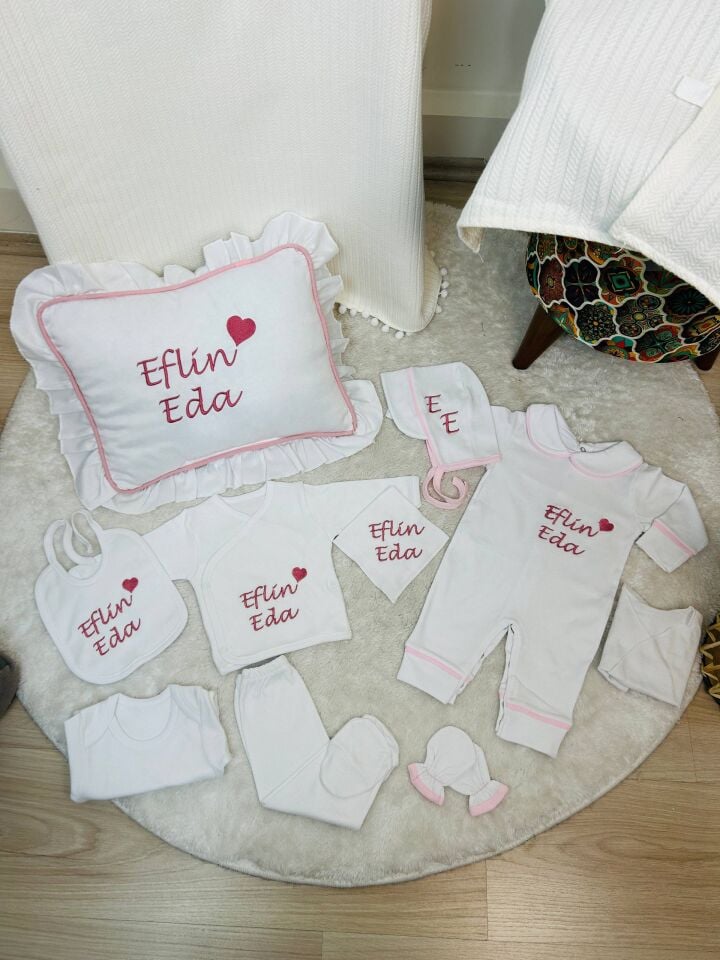 İsme Özel Desen Nakışlı Hastane Çıkış Seti Ve Puset Örtüsü