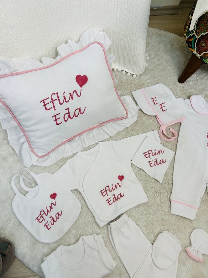 İsme Özel Desen Nakışlı Hastane Çıkış Seti Ve Puset Örtüsü