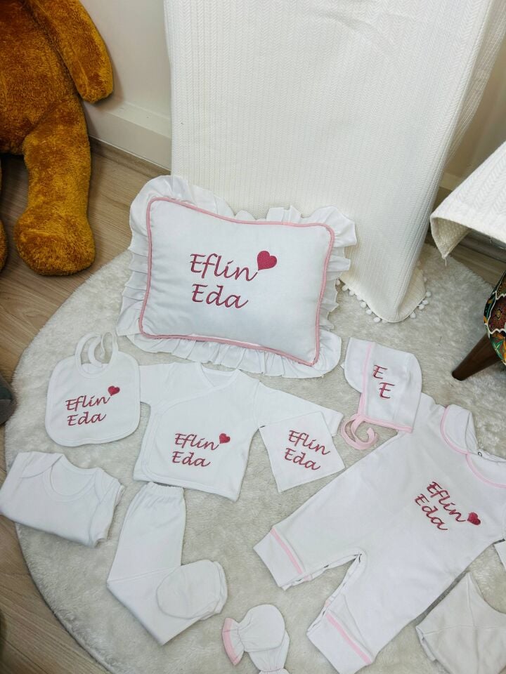 İsme Özel Desen Nakışlı Hastane Çıkış Seti Ve Puset Örtüsü