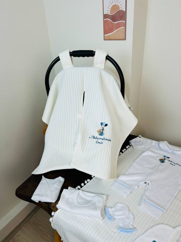 İsme Özel Desen Nakışlı Hastane Çıkış Seti Ve Puset Örtüsü