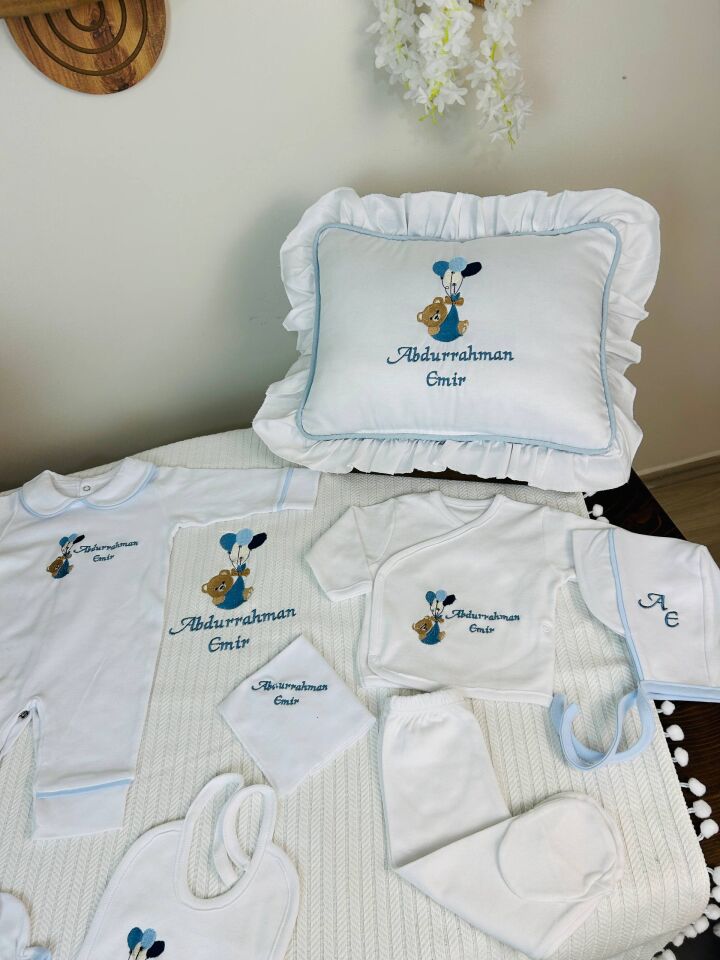 İsme Özel Ayıcık Desen Nakışlı Hastane Çıkış Seti Ve Puset Örtüsü