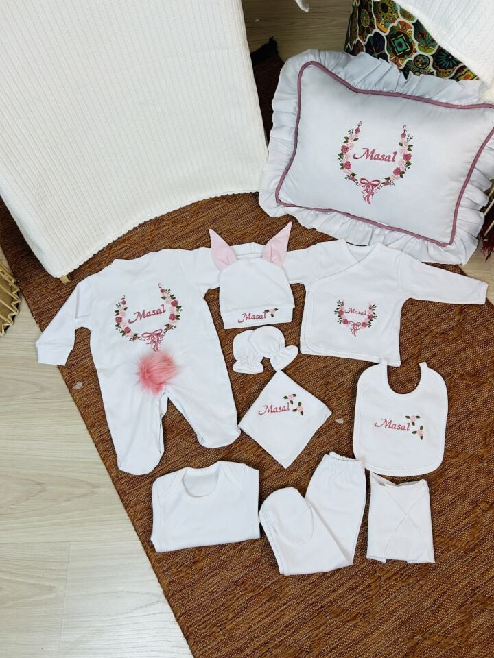 Çiçek Nakışlı Hastane Çıkış Seti Ve Puset Örtüsü %100 Pamuk