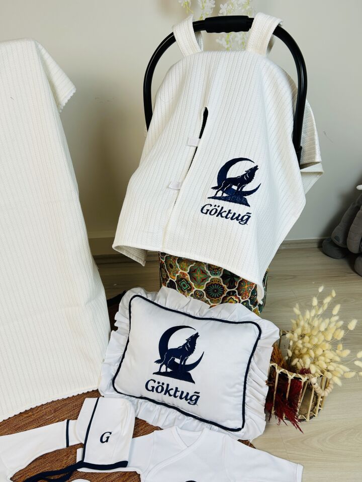 Bozkurt Nakışlı Hastane Çıkış Seti Ve Puset Örtüsü %100 Pamuk