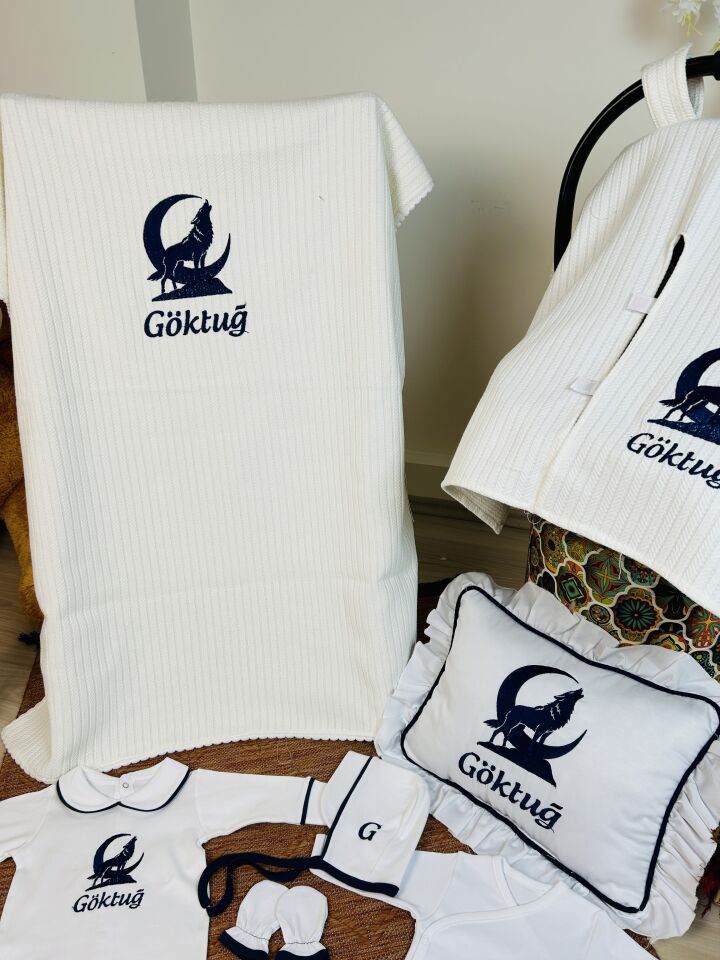 Bozkurt Nakışlı Hastane Çıkış Seti Ve Puset Örtüsü %100 Pamuk