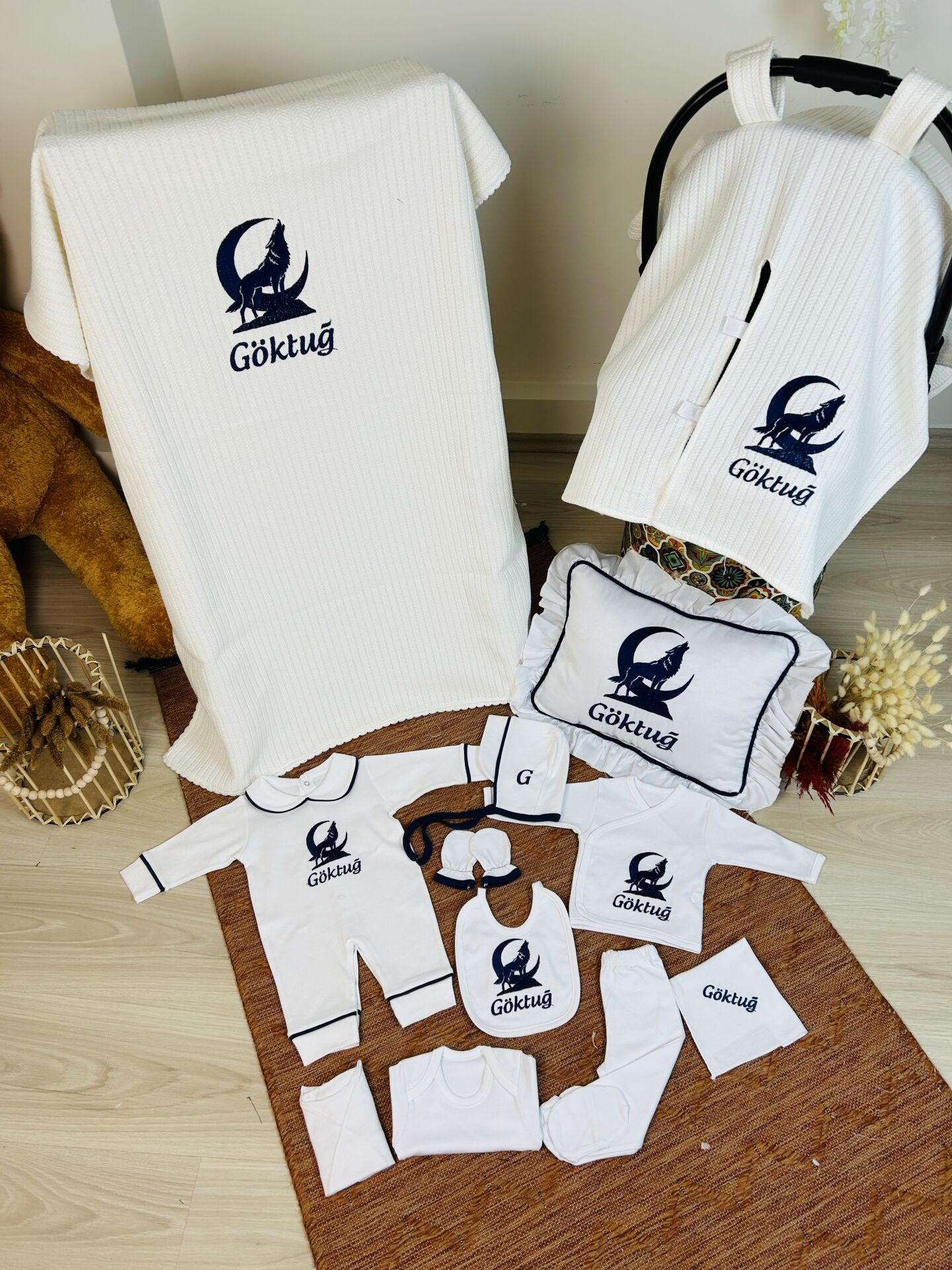 Bozkurt Nakışlı Hastane Çıkış Seti Ve Puset Örtüsü %100 Pamuk