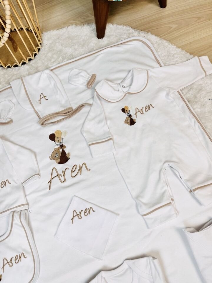 Kahve Biyeli Nakışlı Hastane Çıkış Seti Ayıcık Desen