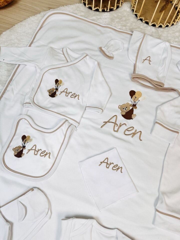 Kahve Biyeli Nakışlı Hastane Çıkış Seti Ayıcık Desen