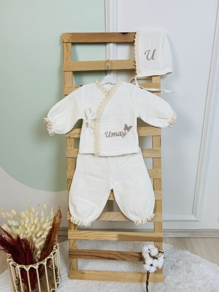 Dantel Detaylı Nakış İşlemeli 4 Kat Müslin Hastane Çıkışı