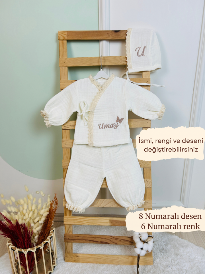 Dantel Detaylı Nakış İşlemeli 4 Kat Müslin Hastane Çıkışı