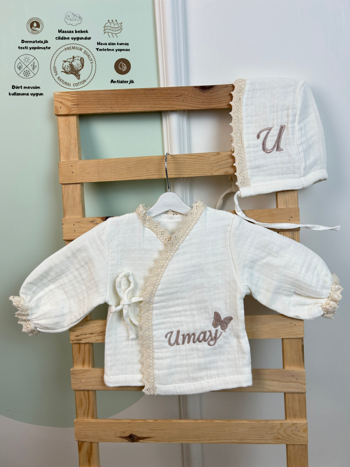 Dantel Detaylı Nakış İşlemeli 4 Kat Müslin Hastane Çıkışı