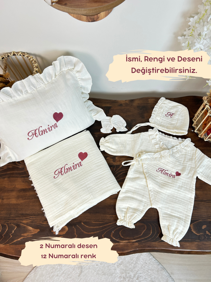 Nakış İşlemeli Müslin Hastane Çıkışı Tulum Şapka Eldiven Battaniye Yastık Kılıfı